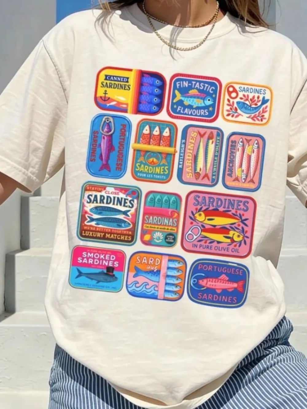 Cream Short Sleeve Tee with Colorful Sardine Can Graphics